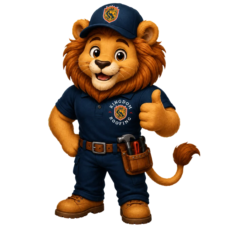 Leo the Lion, the Kingdom Roofing & Gutters mascot, giving a thumbs-up in a navy Kingdom Roofing uniform.